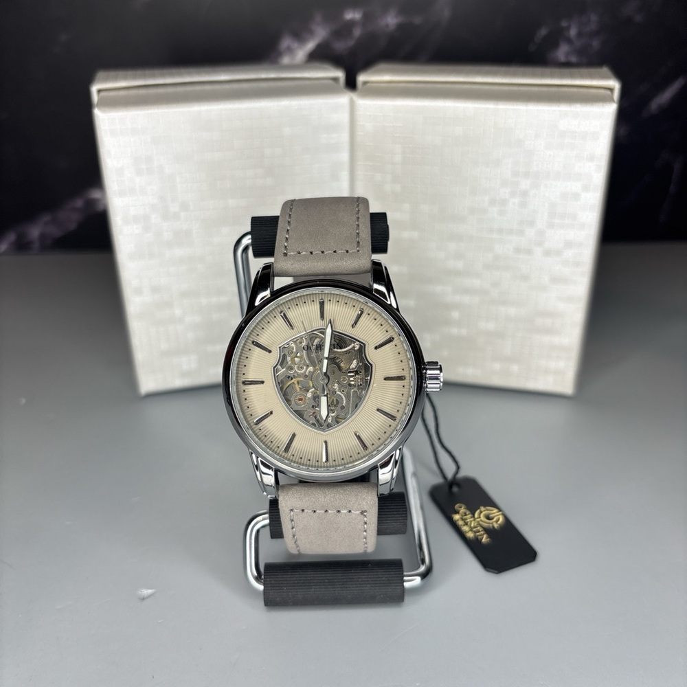 Ochstin Automatic Skeleton Dial Watch with Beige Face and Taupe Strap